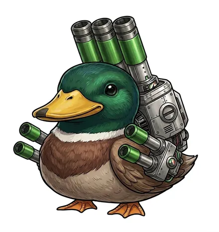 本物のマガモのように細かく描かれた鴨葱やん。ねぎの大砲と、金属のリュックを背負っています